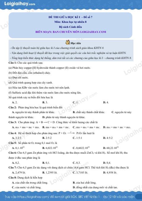 Đề thi giữa kì 1 KHTN 8 Cánh diều - Đề số 7